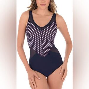 5 for $40 
Miraclesuit  Navy Blue White & Pink Chevron Stripes Mesh Detail sz 6